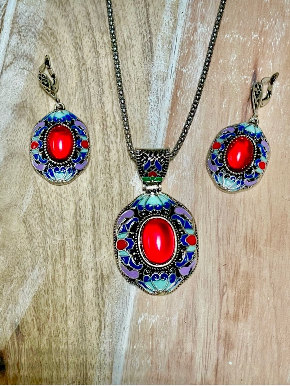 Red Gem Pendant Necklace and Earrings Set - Women Jewelry